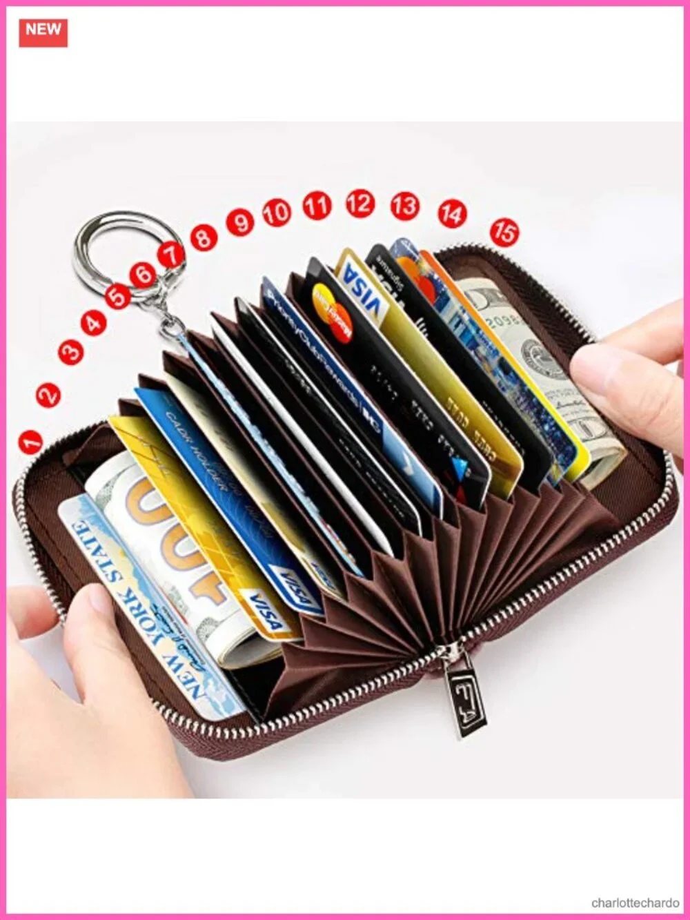 RFID Blocking Zipper Wallet with Key Chain, 16 Slots, Compact Business Card